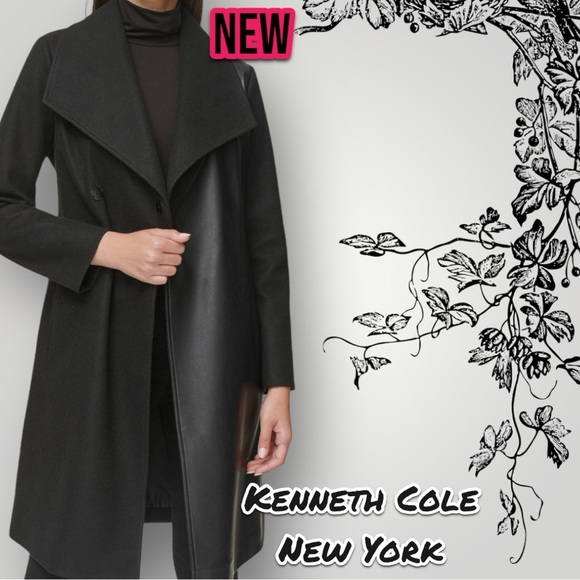 New NWT Kenneth Cole New York Mixed Media Faux Leather Belted Trench Coat - Picture 3 of 7